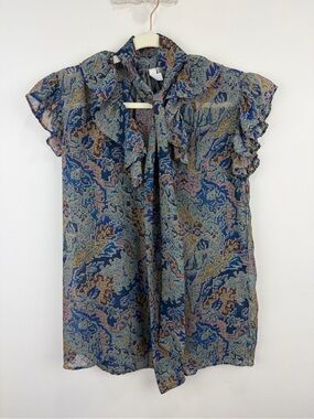 Elan Y2K Boho Paisley Tie Neck Ruffle Blouse Size M